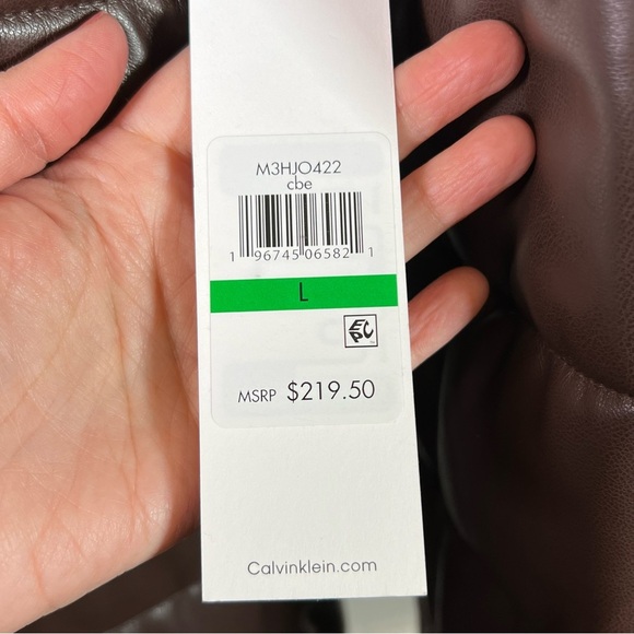 Calvin Klein Longline Faux Leather Brown Puffer Jacket Size L - Picture 3 of 12